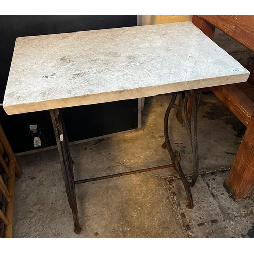 541 - Useful pine serving/work bench, stained slat backed garden bench and marble topped table with cast i... 