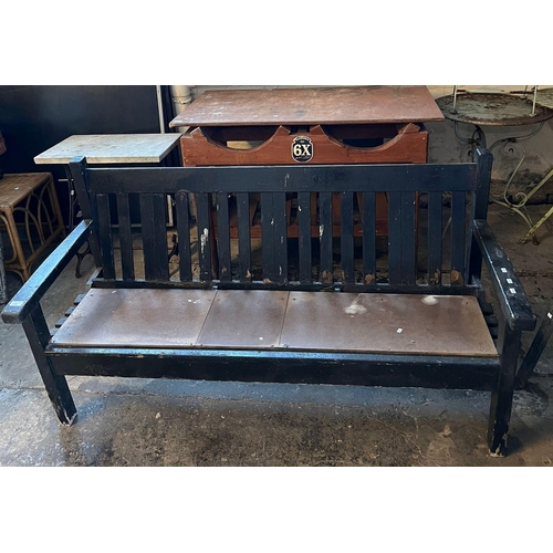 541 - Useful pine serving/work bench, stained slat backed garden bench and marble topped table with cast i... 