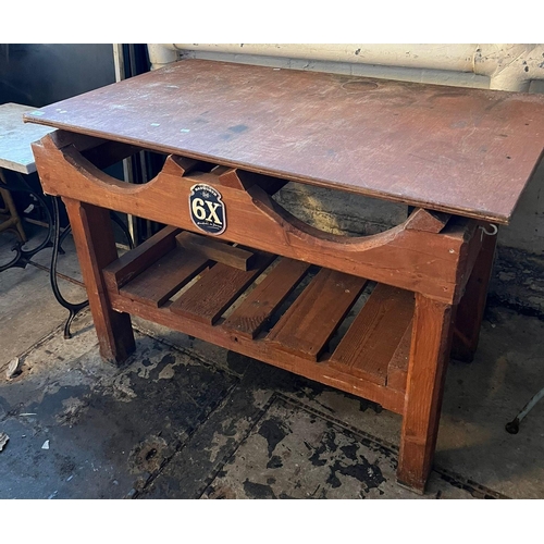 541 - Useful pine serving/work bench, stained slat backed garden bench and marble topped table with cast i... 