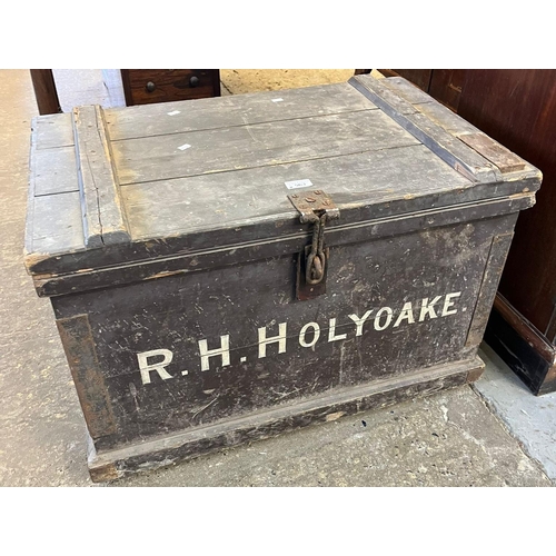 563 - Stained pine artisans trunk/box with name R H Holyoake. 74cm wide approx. (B.P. 21% + VAT)