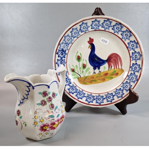 74 - 19th century Llanelly Pottery hand painted cockerel plate. 22cm diameter approx. Together with a 19t... 