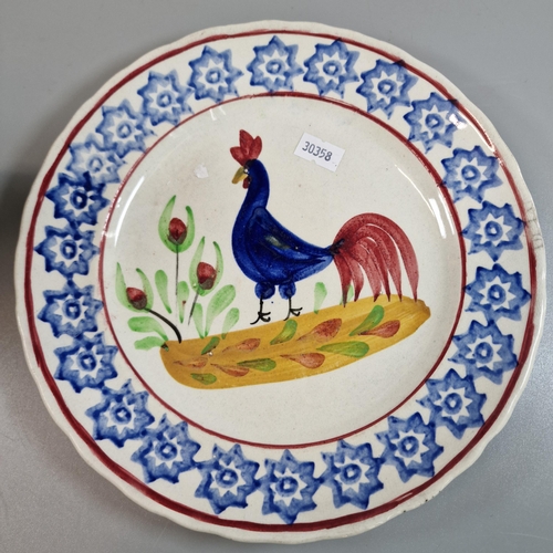 74 - 19th century Llanelly Pottery hand painted cockerel plate. 22cm diameter approx. Together with a 19t... 