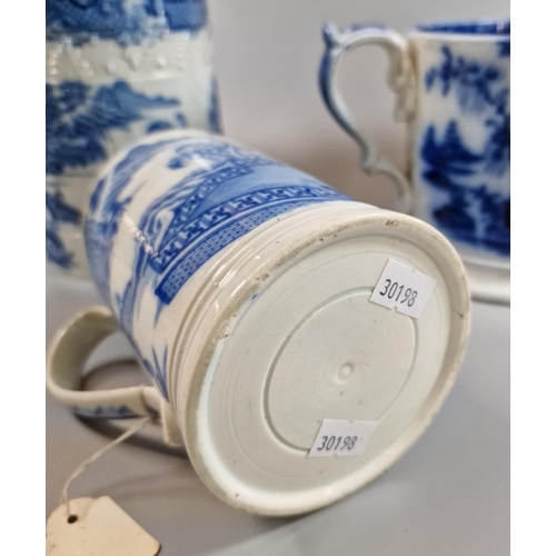 75 - Early 19th century Swansea Pottery Cambrian blue and white straight sided jug/tankard together with ... 