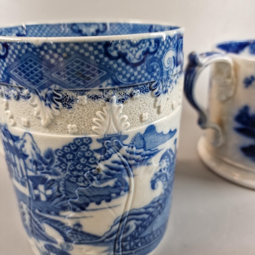 75 - Early 19th century Swansea Pottery Cambrian blue and white straight sided jug/tankard together with ... 