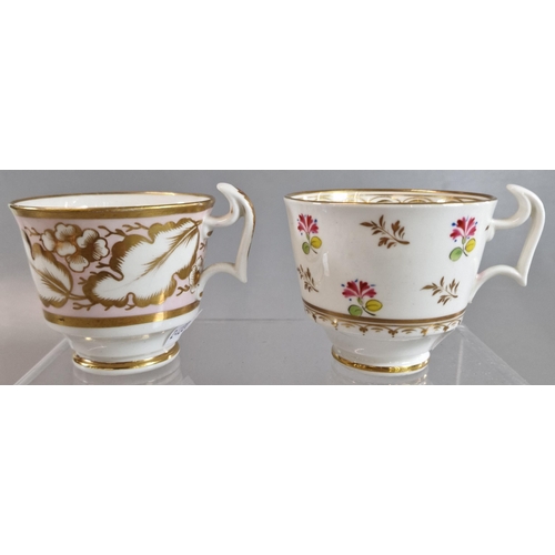 87 - Two 19th century Swansea porcelain coffee cups, one painted with pink gilt flowers and wide oak leav... 