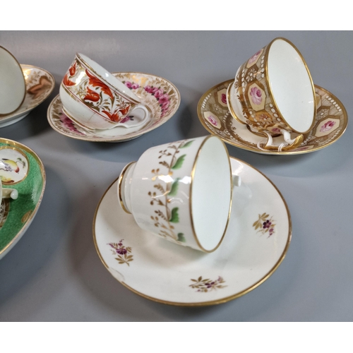 96 - Collection of 19th century Swansea porcelain cups and saucers, varying designs including: green leav... 