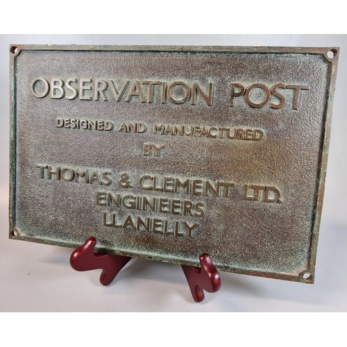 98A - Cast brass sign 'Observation Post designed and manufactured by Thomas & Clement Ltd. Engineers Llane... 