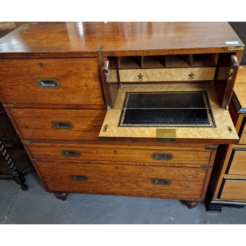 445 - Victorian teak military Campaign Chest, having brass corners, bands and recessed handles, in two sec... 