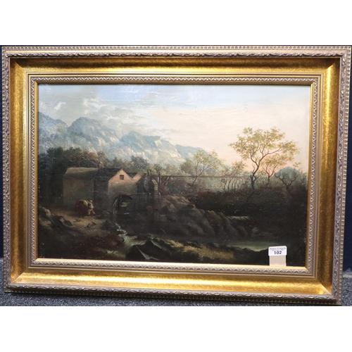 102 - Welsh school, (late 19th early 20th century), Trefriw Mill, Conway valley. Oils on canvas. Framed. 4... 