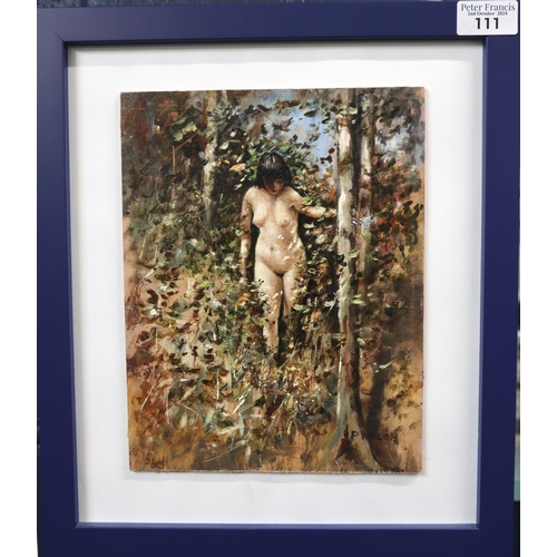 111 - P. Welch, study of a nude female in the woods. Oils on board. 26x20cm approx. Framed. (Modern). (B.P... 