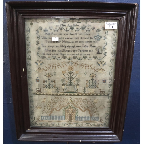 116 - George IV framed sampler by Mary Ann Baker, aged ten. Dated 1818 with poem, flowers, dogs and buildi... 