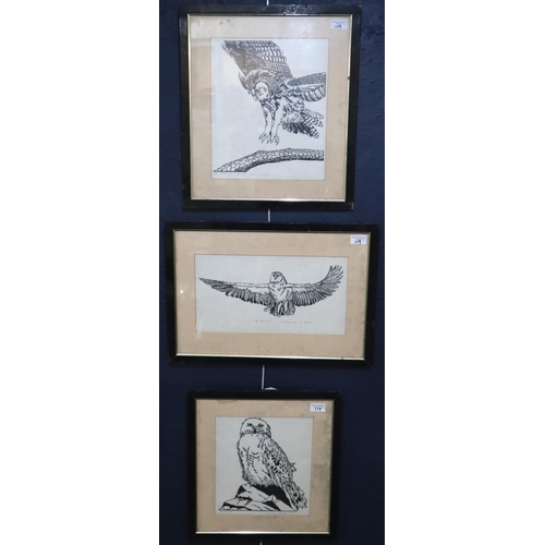 119 - After Lois Hokanson (?), three black and white prints of Owls, to include: Snowy, Barn and another. ... 