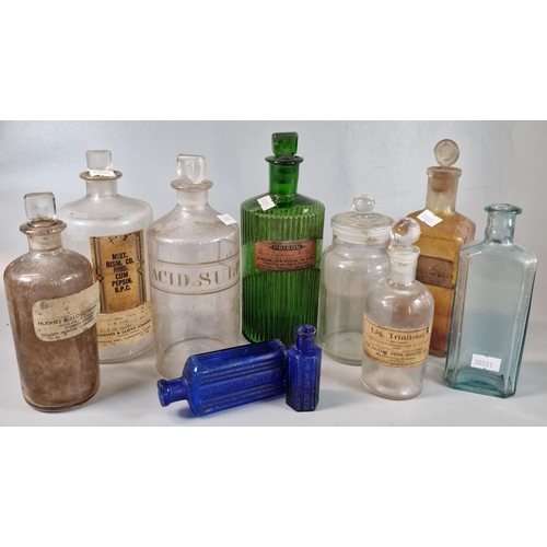 12 - Collection of mainly 19th century apothecary glass bottles/jars and stoppers, to include: Poison, Ac... 