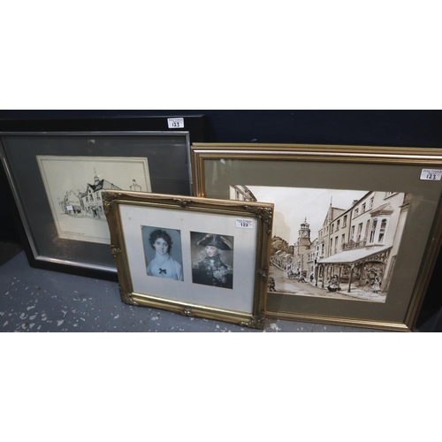 123 - Vicki Lloyd, Old Tenby Harbour and Pembroke Main Street. Sepia watercolours. 28x38cm approx. Framed ... 