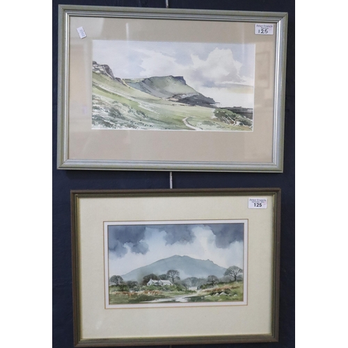 125 - John Edwards, cliffs at Rhossili. Watercolours. 18.5x34cm approx. Together with David Bellamy, count... 