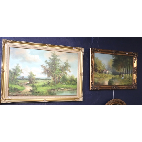 131 - Two large modern furnishing oils, both of landscape scenes with country lanes, rivers, castles and s... 