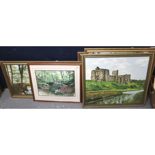 133 - Four modem framed oils on board to include: The Woods Abermarlis, Swiss Valley 1991, Castell Cidweli... 