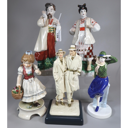 139 - Two USSR figurines of a man and a woman, together with a Royal Doulton Pretty Ladies 'Theresa' figur... 