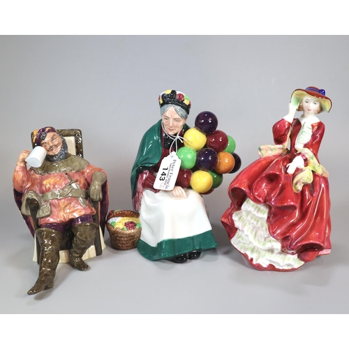 143 - Three Royal Doulton bone china figurines to include:  'Top O' the Hill', 'The Old Balloon Seller' an... 