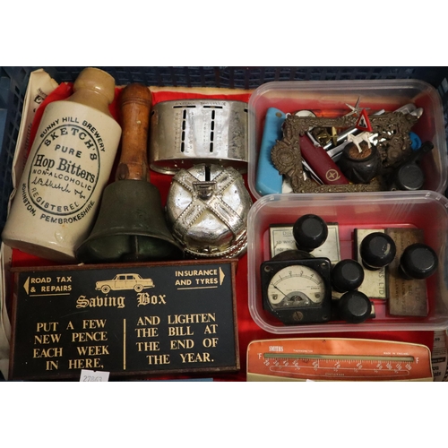 164 - Collection of oddments to include: church/school bell, savings box, whistle, penknives, money boxes,... 