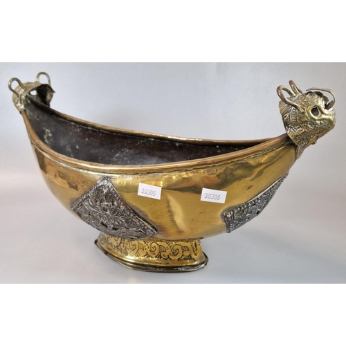 17 - Brass boat shaped vessel, possibly Scandinavian Viking boat, with white metal masts fixed to the bod... 