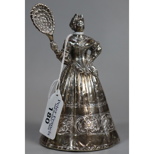 180 - Late Victorian silver table bell in the form of a Victorian lady holding a fan. By Berthold Muller &... 