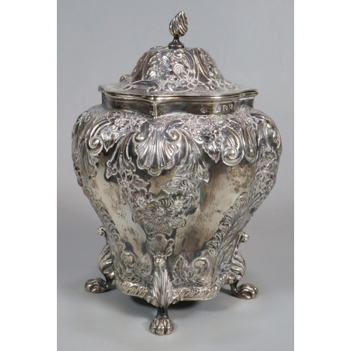 182 - Late Victorian silver repoussé tea caddy on four paw feet. Chester 1896. Maker's mark initial R H. 8... 