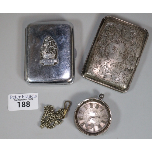 188 - Silver engraved cigarette case. 1.63 troy oz approx. Together with another plated cigarette case, si... 