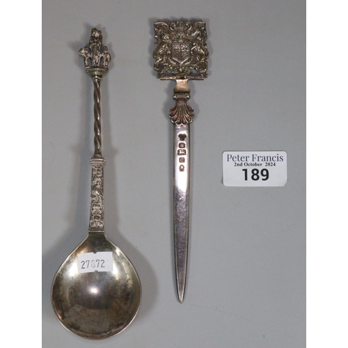 189 - Silver Apostle spoon, rubbed hallmarks. 1.88 troy oz approx. Together with a silver letter opener to... 