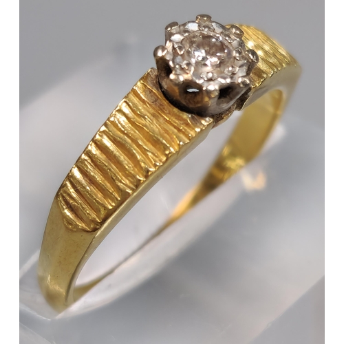 193 - 18ct gold diamond solitaire ring with bark design shoulders. 4.1g approx. Size M1/2. (B.P. 21% + VAT... 