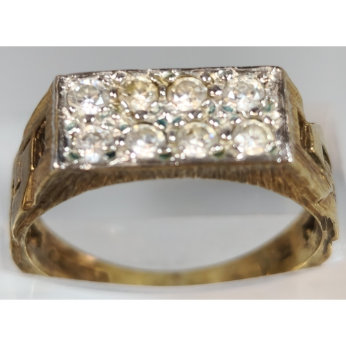 195 - 9ct gold 1970s design signet type ring inset with eight clear stones. 3.2g approx. Size O1/2. (B.P. ... 