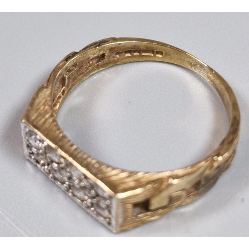 195 - 9ct gold 1970s design signet type ring inset with eight clear stones. 3.2g approx. Size O1/2. (B.P. ... 