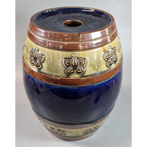 2 - An early 20th century Royal Doulton stoneware 'Ginger Wine' barrel with raised tube lined decoration... 