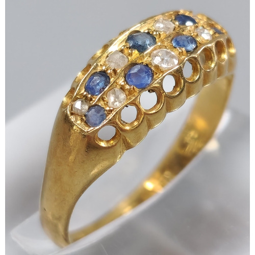 208 - 18ct gold blue and clear stone multi cluster ring. 2.2g approx. Size O. (B.P. 21% + VAT)