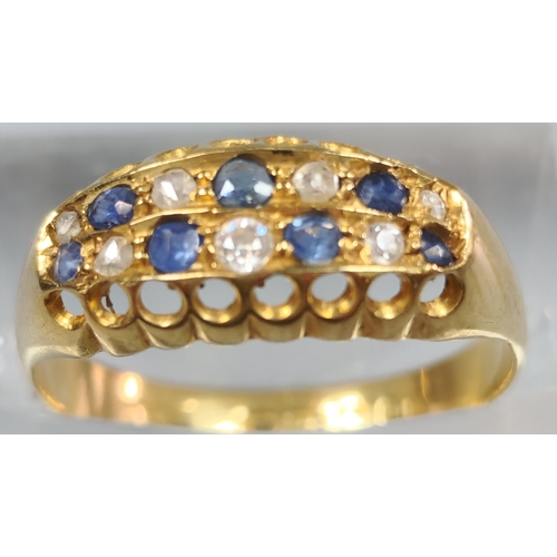 208 - 18ct gold blue and clear stone multi cluster ring. 2.2g approx. Size O. (B.P. 21% + VAT)