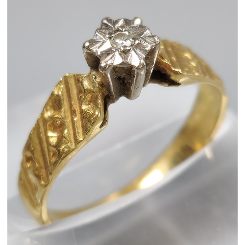 209 - 18ct gold tiny diamond solitaire ring. 3.2g approx. Size L. (B.P. 21% + VAT)