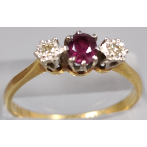 210 - 18ct gold and platinum diamond and ruby three stone ring. 3g approx. Size Q. (B.P. 21% + VAT)