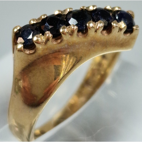 212 - 9ct gold modernist design blue five stone dress ring. 3.5g approx. Size L1/2. (B.P. 21% + VAT)