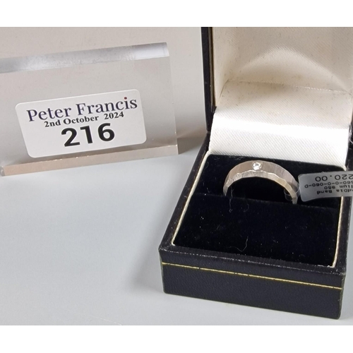 216 - Palladium 950 and diamond wedding band. 5.9g approx. Size L. In fitted box. (B.P. 21% + VAT)