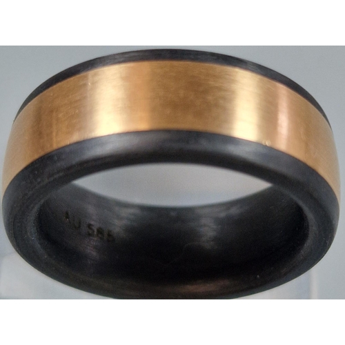 226 - Modernist design 14ct gold ring/band. Marked au585. 6.4g approx. (B.P. 21% + VAT)