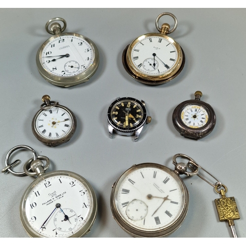 246 - Plastic tub of silver and plated open faced pocket watches to include: Joseph Owen Treharris, J M Jo... 