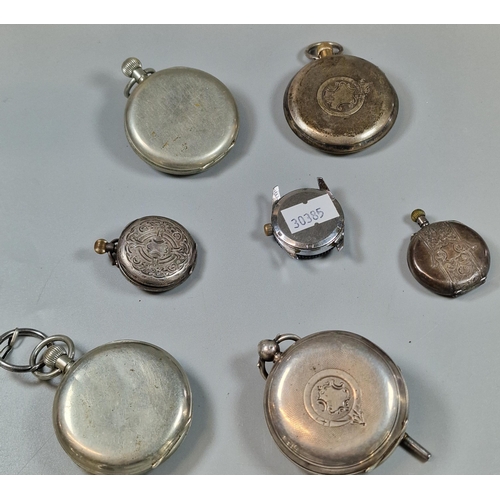 246 - Plastic tub of silver and plated open faced pocket watches to include: Joseph Owen Treharris, J M Jo... 