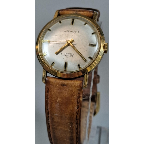 247 - 9ct gold Cortebert twenty one jewels wristwatch with leather strap, the reverse engraved Presented t... 