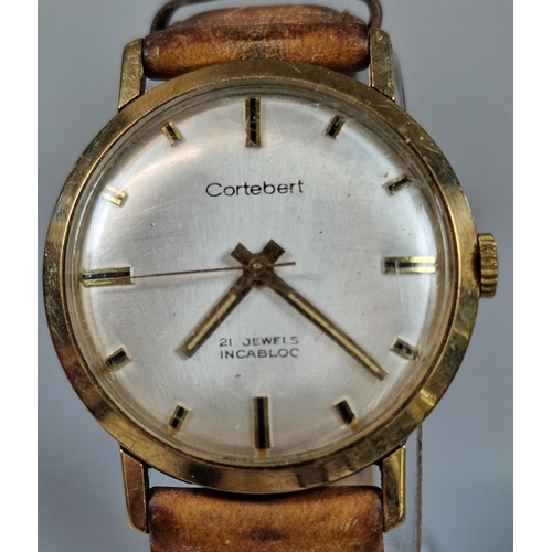 247 - 9ct gold Cortebert twenty one jewels wristwatch with leather strap, the reverse engraved Presented t... 