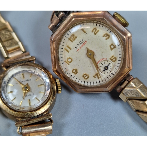 256 - Two 9ct gold ladies' wristwatches, one marked Accurist, the other Majex. Both with gold plated strap... 