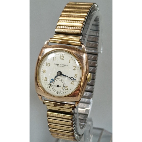 257 - 9ct gold gents wristwatch marked Bravingtons London, with plated bracelet strap and presentation to ... 