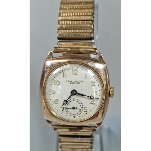 257 - 9ct gold gents wristwatch marked Bravingtons London, with plated bracelet strap and presentation to ... 