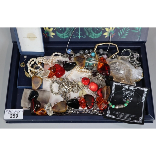 259 - Box of assorted jewellery to include: 'Bench' identity bracelet, beaded necklaces, chains. earrings,... 