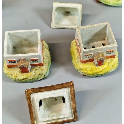 26 - Collection of early 19th century Audrey Dudson Staffordshire novelty pastille burner cottages. (4) (... 