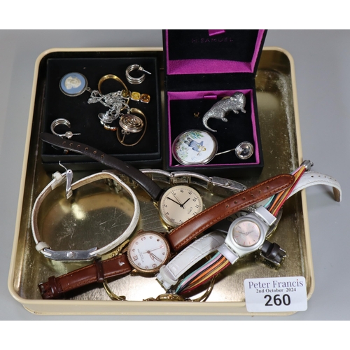 260 - Box of jewellery to include: various watches including Kahuna, Swatch, continental silver brooch, ea... 